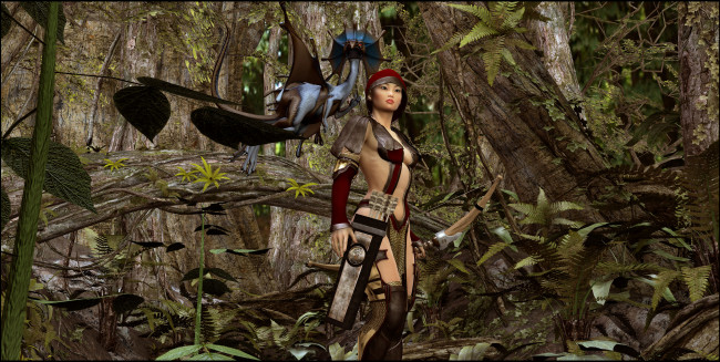 Обои картинки фото 3д графика, фантазия , fantasy, лес, взгляд, девушка, дракон