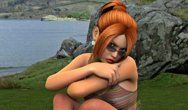 Обои картинки фото 3д графика, люди , people, рыжая, фон, девушка, взгляд