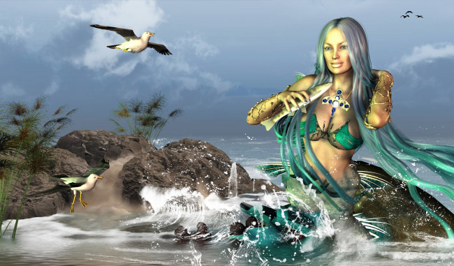 Обои картинки фото 3д графика, существа , creatures, русалка, чайки, море, фон, взгляд, девушка, брызги