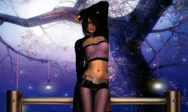 Обои картинки фото 3д графика, люди , people, дерево, фон, взгляд, девушка