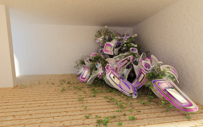 Обои картинки фото 3д графика, абстракция , abstract, угол, комната, плющ, доски, фигура, листья, абстракция