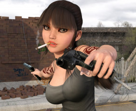 Картинка 3д+графика люди+ people девушка взгляд фон сигарета тигр