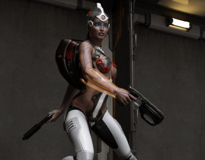 Картинка 3д+графика _science+fiction девушка взгляд фон оружие