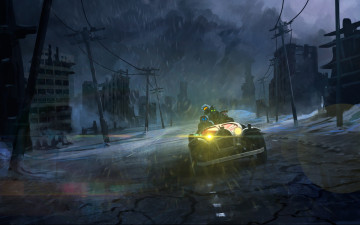 Картинка фэнтези романтика+апокалипсиса дождь zee captain руины romantically apocalyptic авто art город дорога машина ночь