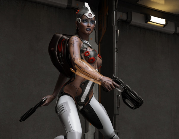 Обои картинки фото 3д графика, _science fiction, девушка, взгляд, фон, оружие