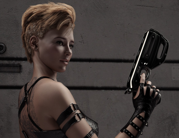 Обои картинки фото 3д графика, фантазия , fantasy, девушка, взгляд, фон, оружие