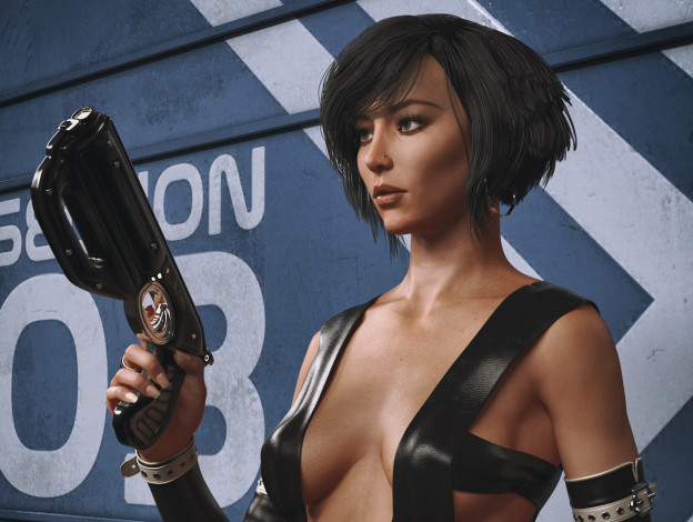 Обои картинки фото 3д графика, люди , people, девушка, взгляд, фон, оружие