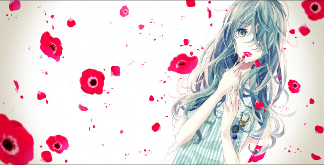 Обои картинки фото аниме, unknown,  другое, лепестки, фон, девушка, арт