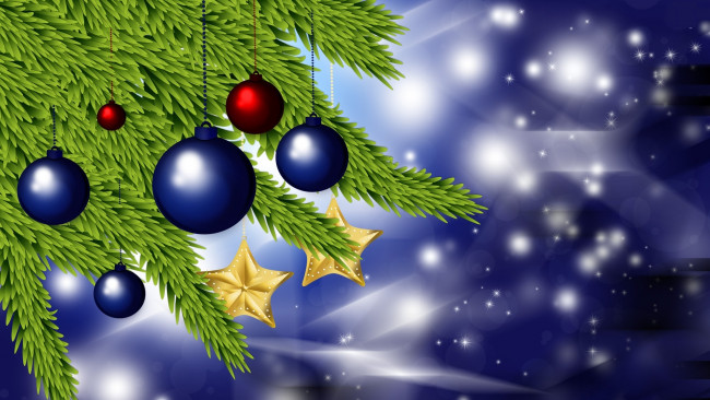 Обои картинки фото праздничные, векторная графика , новый год, игрушки, ветки