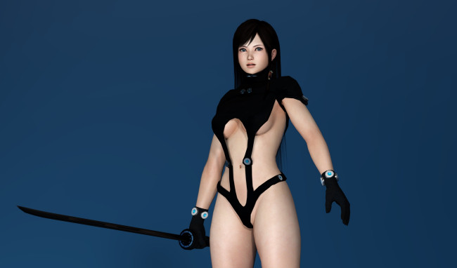 Обои картинки фото 3д графика, аниме , anime, оружие, фон, взгляд, девушка