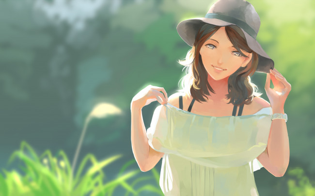 Обои картинки фото аниме, unknown,  другое, фон, взгляд, девушка, шляпа, улыбка