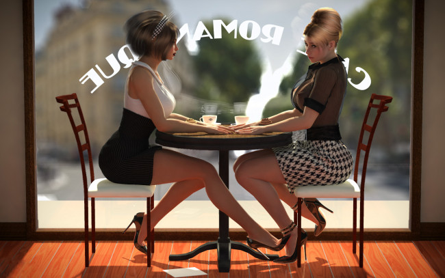 Обои картинки фото 3д графика, люди , people, стул, стол, кафе, фон, девушки