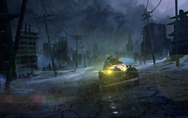 Обои картинки фото фэнтези, романтика апокалипсиса, дождь, zee, captain, руины, romantically, apocalyptic, авто, art, город, дорога, машина, ночь
