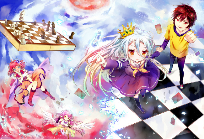 Обои картинки фото аниме, no game no life, shiro, девочка, шахматы, парень, tagme, artist, арт, jibril, stephanie, dola, sora, no, game, life, девущка
