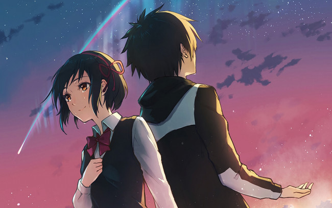 Обои картинки фото аниме, kimi no na wa, девушка, фон, взгляд