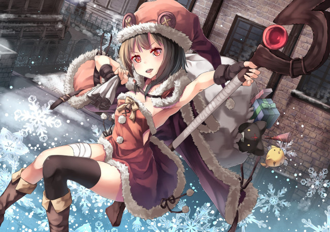 Обои картинки фото аниме, зима,  новый год,  рождество, взгляд, фон, девушка