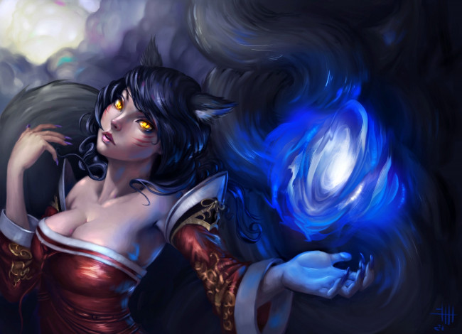 Обои картинки фото видео игры, league of legends, уши, нэко, девушка, магия, вихрь, ahri