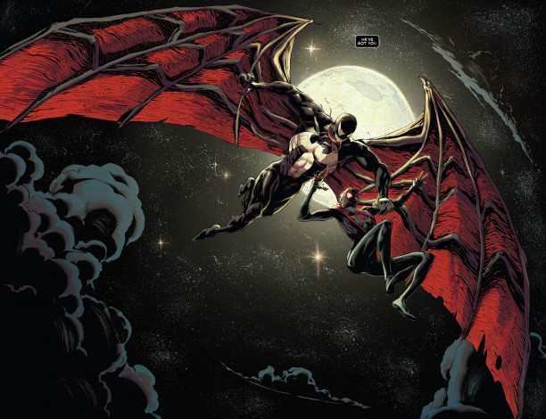 Обои картинки фото рисованное, комиксы, тучи, луна, ночь, крылья, веном, Человек-паук, небо