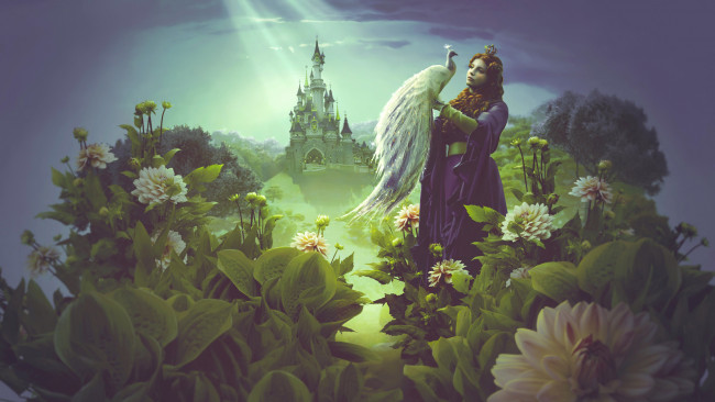 Обои картинки фото фэнтези, фотоарт, замок, павлин, фон, девушка