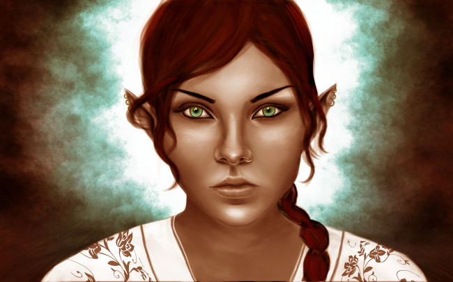 Обои картинки фото фэнтези, эльфы, девушка, писрсинг, взгляд, фон