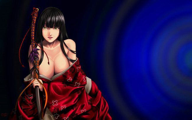 Обои картинки фото аниме, оружие,  техника,  технологии, катана, фон, девушка, кимоно, взгляд