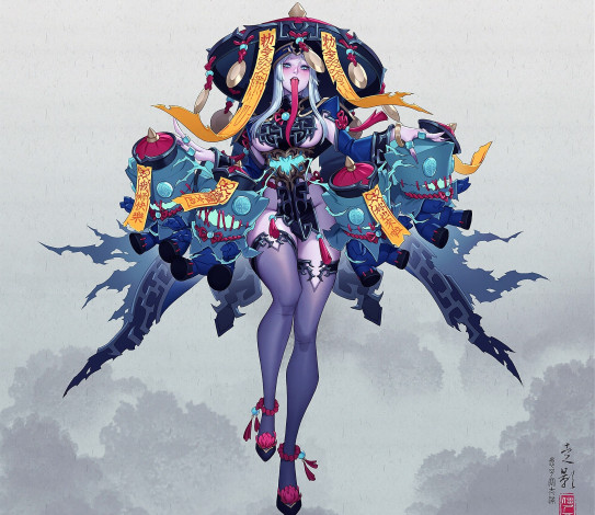 Обои картинки фото фэнтези, демоны, девушка, шляпа, язык