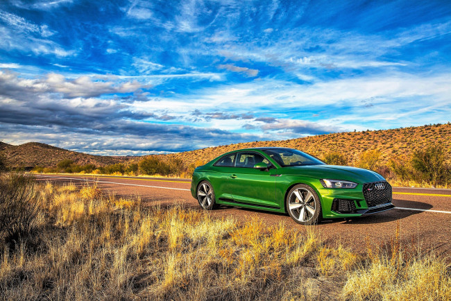 Обои картинки фото audi rs5, автомобили, audi, зеленый, дорога, луга, горы, облака, небо