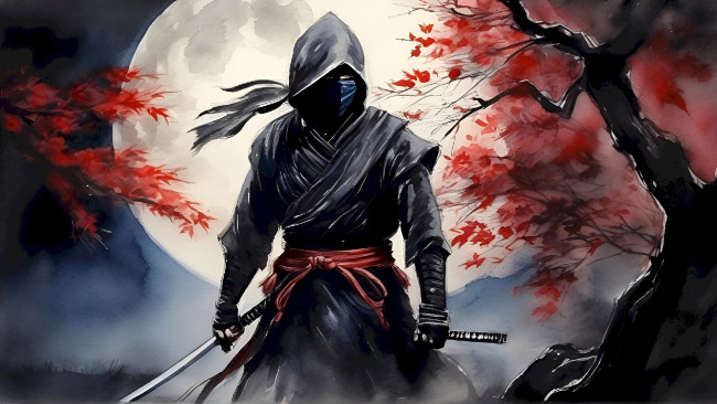 Обои картинки фото рисованное, люди, ниндзя, оружие, деревья, осень, луна