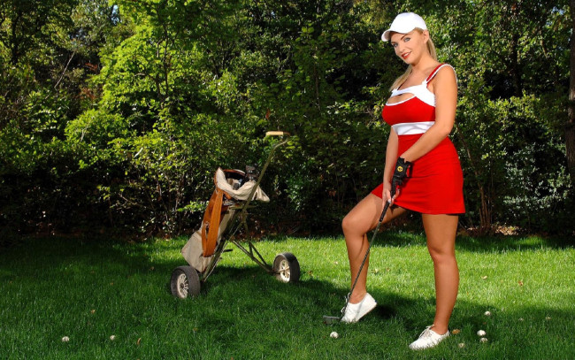Обои картинки фото девушки, ines cudna, блондинка, кепка, платье, гольф, клюшка