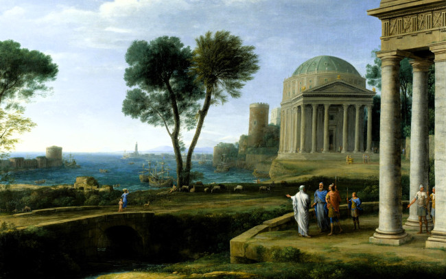 Обои картинки фото рисованное, claude lorrain, люди, здания, море, мост, деревья