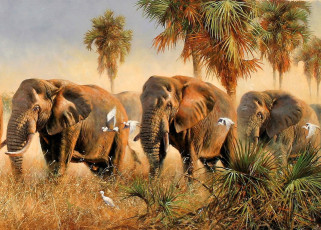Картинка рисованное eric+forlee слоны цапли пальмы трава саванна