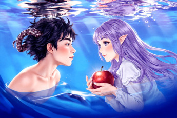 обоя фэнтези, демоны, парень, рога, девушка, вода, яблоко, эльфийка