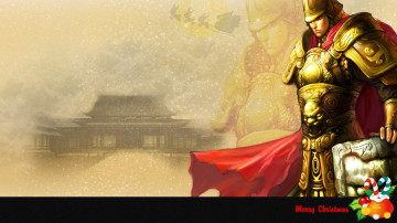 обоя видео игры, conquer 2 online,  new dynasty, воин, броня, плащ, снег, здание, санта, клаус