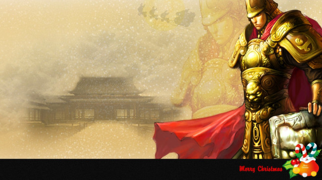 Обои картинки фото видео игры, conquer 2 online,  new dynasty, воин, броня, плащ, снег, здание, санта, клаус