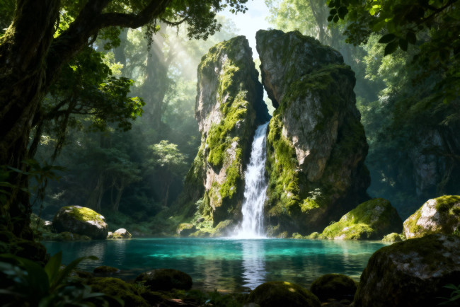 Обои картинки фото разное, компьютерный дизайн, скала, водопад, лес, озеро