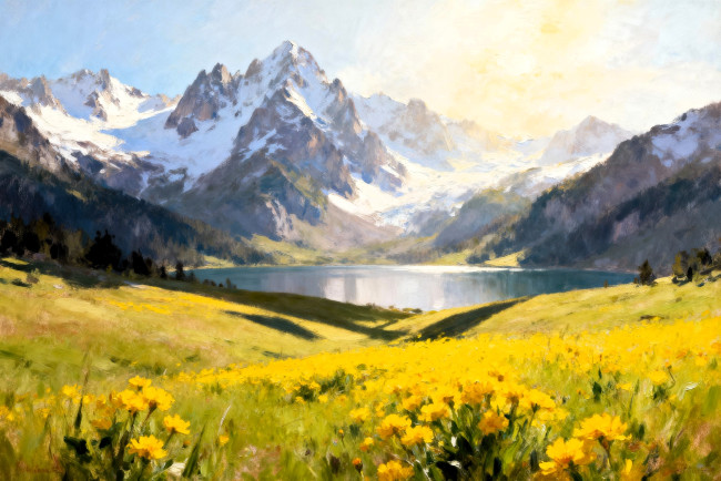 Обои картинки фото рисованное, природа, горы, снег, озеро, луга, цветы