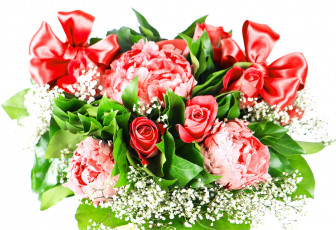 Картинка цветы букеты +композиции гипсофила розы пионы