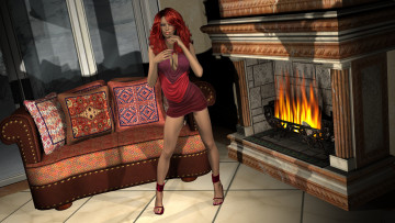 Картинка 3д+графика people+ люди диван камин девушка