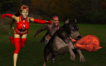 обоя 3д графика, fantasy , фантазия, собака, девушка, кошка