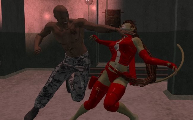 Обои картинки фото 3д графика, fantasy , фантазия, девушка, кошка, драка