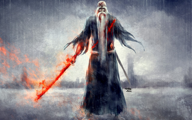 Обои картинки фото аниме, bleach, дедок, борода, меч, огонь, генрюсай