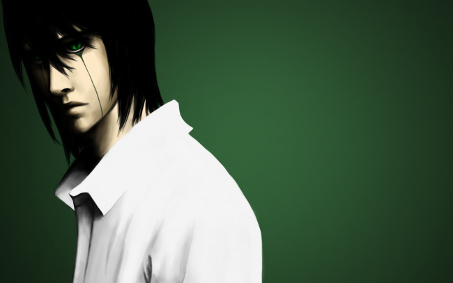 Обои картинки фото аниме, bleach, рубашка, зелёный, фон, улькиорра, глаза