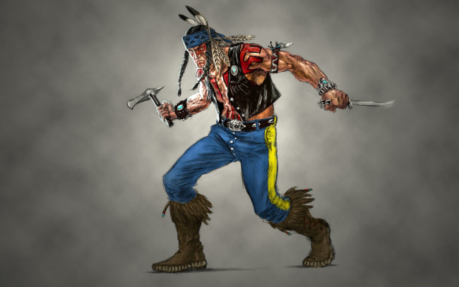 Обои картинки фото mortal kombat, видео игры, mortal kombat , 2011, индеец, nightwolf, mortal, kombat, вождь, краснокожих, перья, топор, томогавк, indian