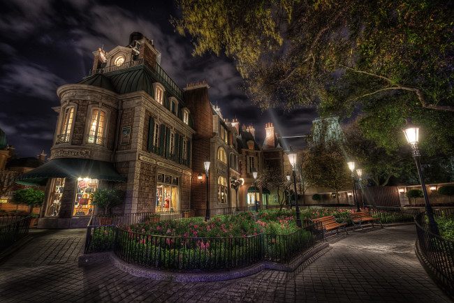 Обои картинки фото города, диснейленд, парки, дизайн, hdr, ночь, сша, калифорния, фонари, анахайм