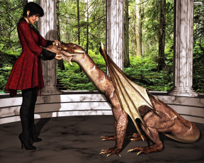 Картинка 3д+графика фантазия+ fantasy девушка фон взгляд пасть дракон