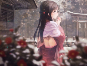 Картинка аниме зима +новый+год +рождество девушка арт шатенка