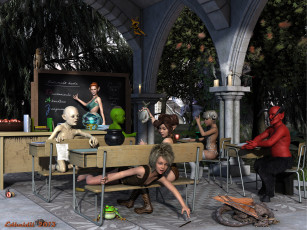 Картинка 3д+графика эльфы+ elves дракон скамейки столы эльфы доска урок лягушка