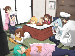 Картинка аниме kantai+collection парень еда помидоры девушки арт max melon teitoku комната