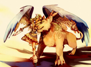 Картинка аниме животные +существа животное воин девушка арт оружие улыбка