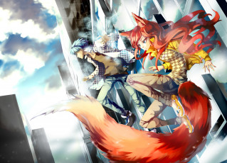 Картинка аниме животные +существа лиса арт хвост ушки девушка здание парень